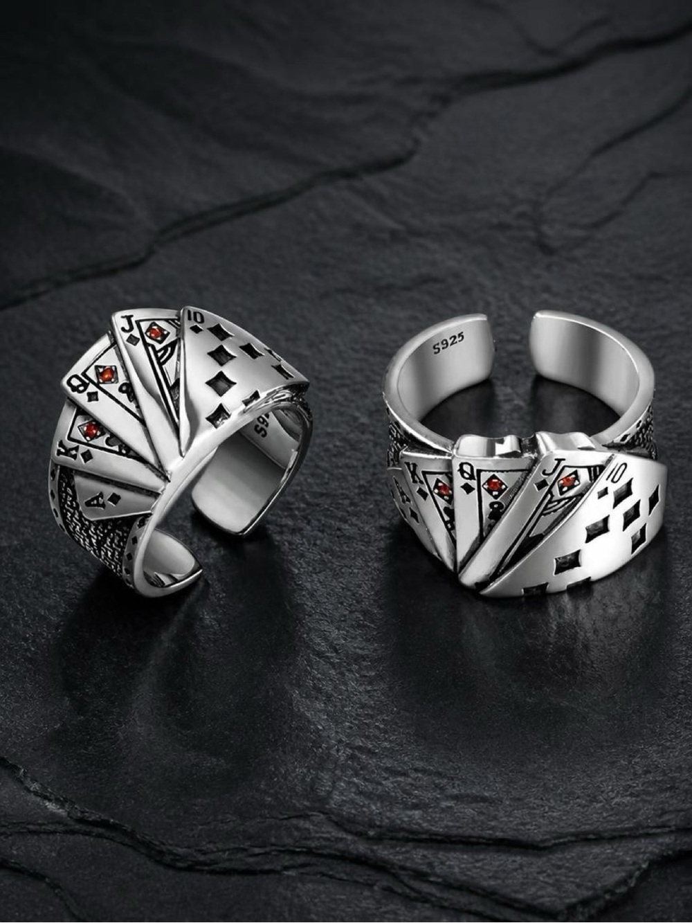 Sterling Silver 925 Playing Card Fan Adjustable Ring